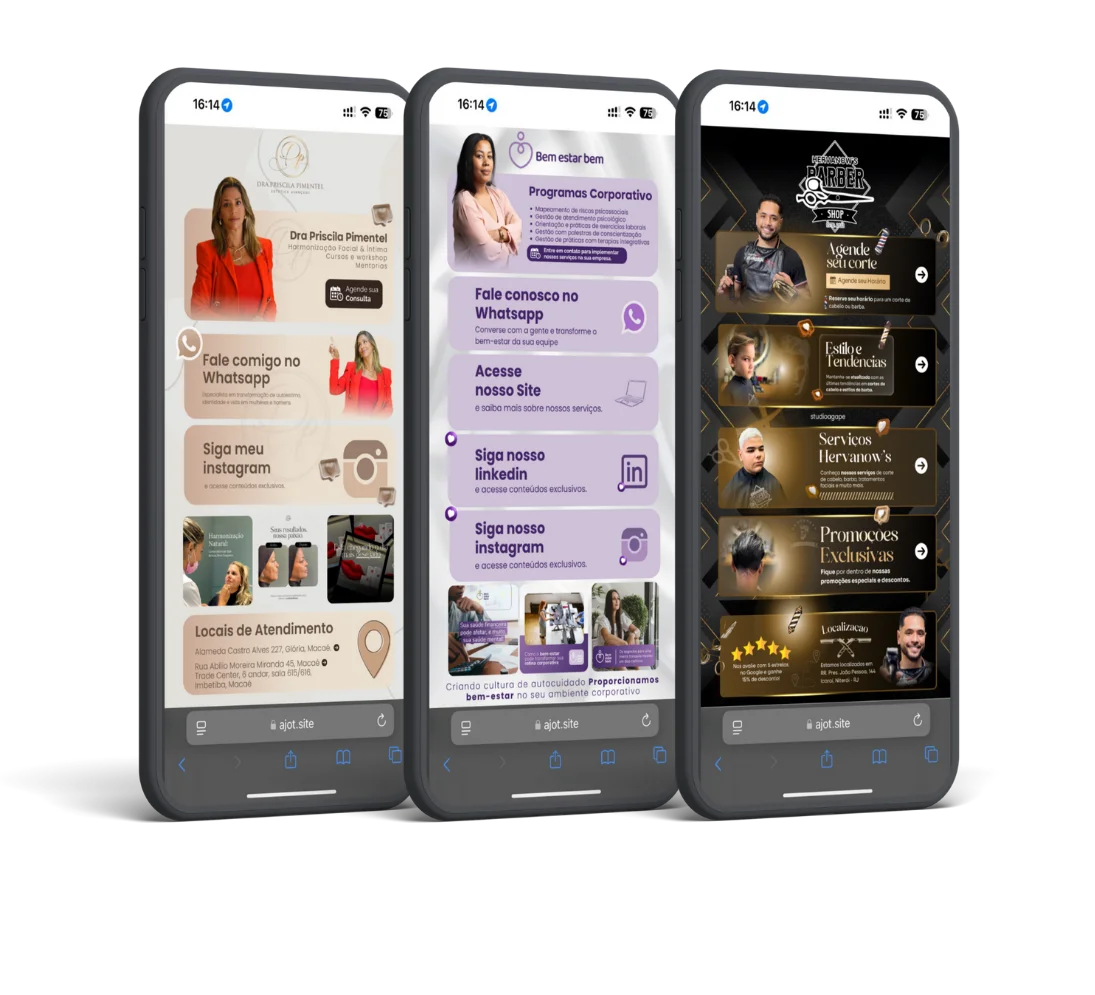 Mockups mostrando diferentes designs do Link da Bio